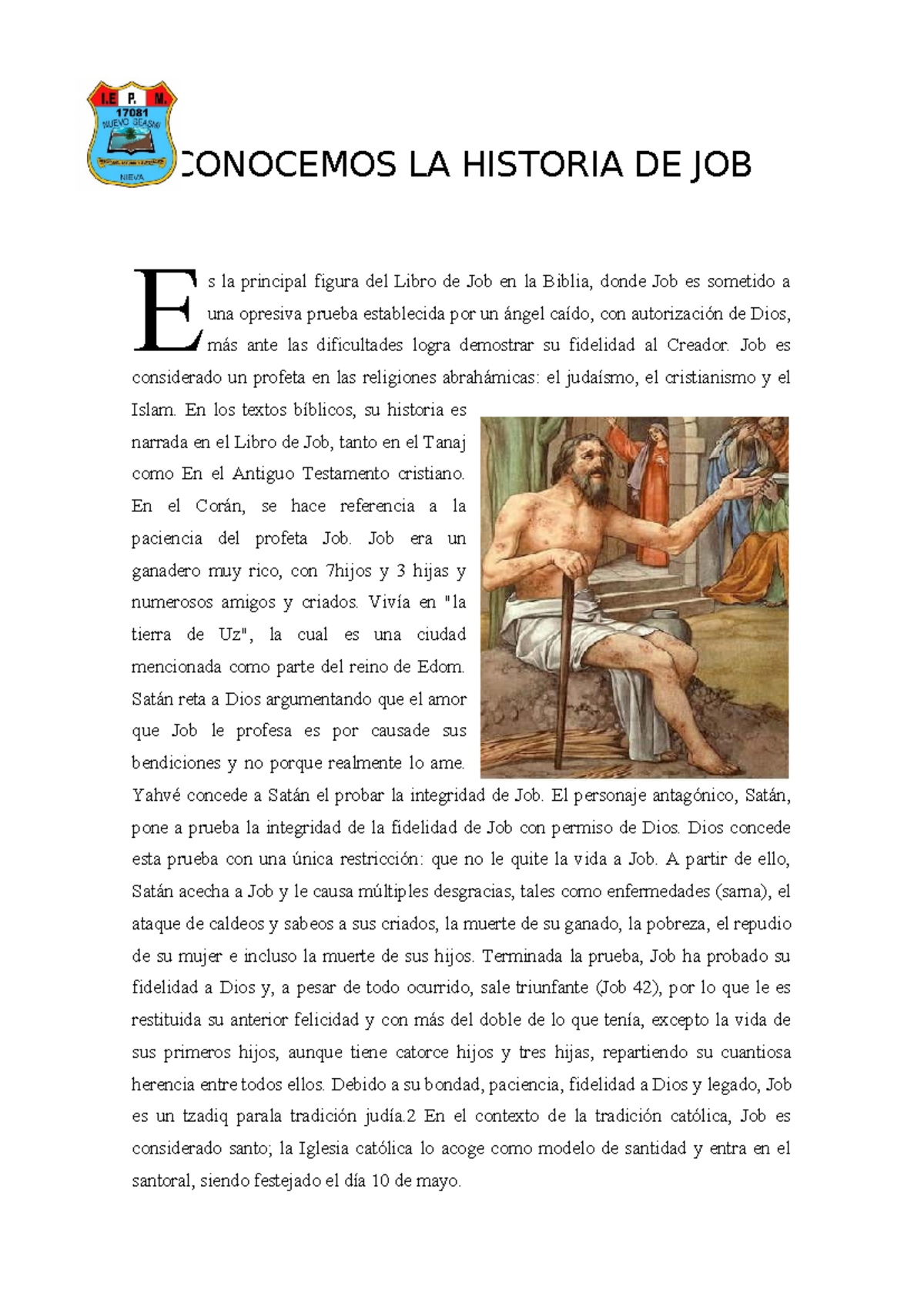 Conocemos LA Historia DE JOB Ficha CONOCEMOS LA HISTORIA DE JOB S La 