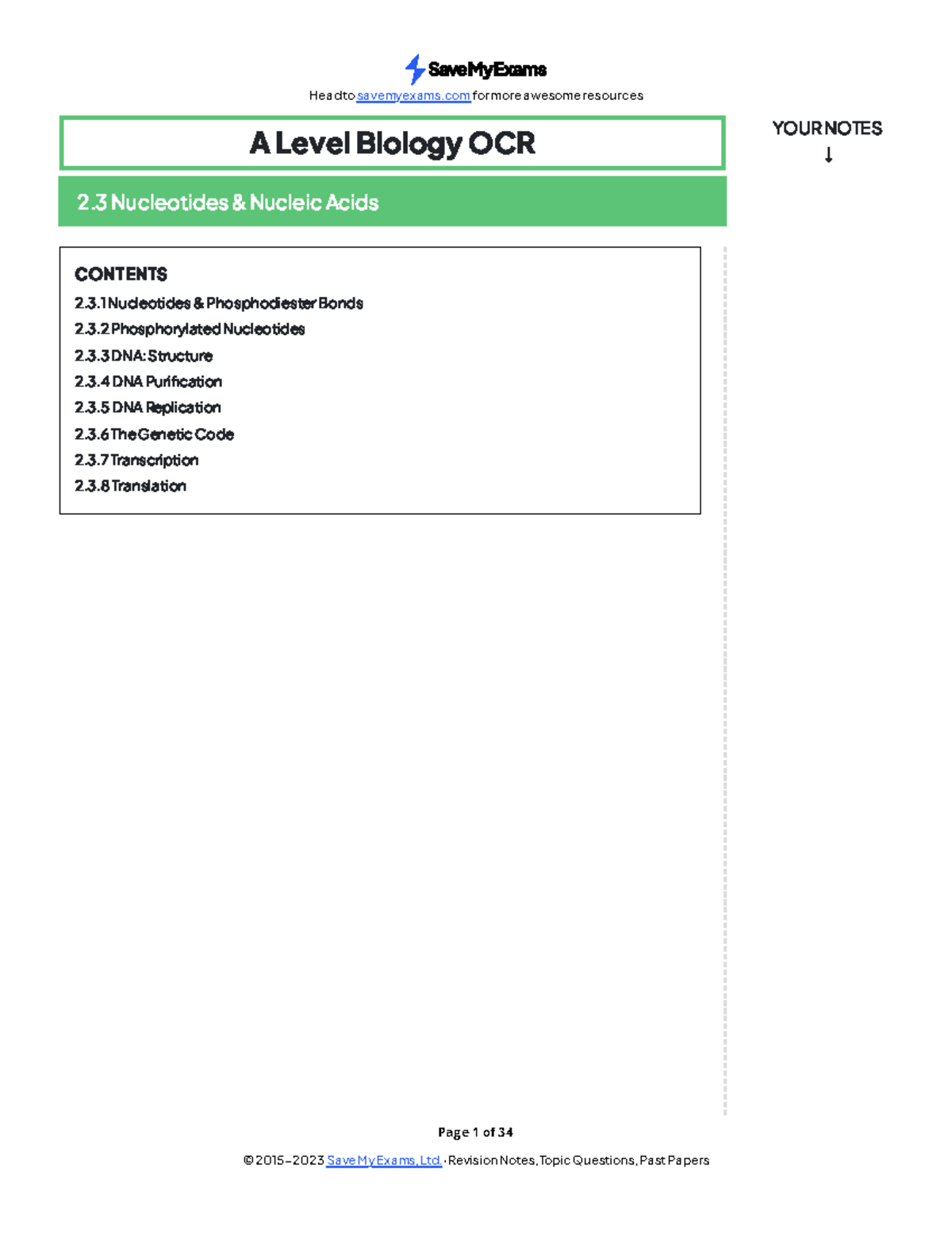 Savemyexams Module 2.3 Page 1 of 34 A Level Biology OCR 2 Nucleotides