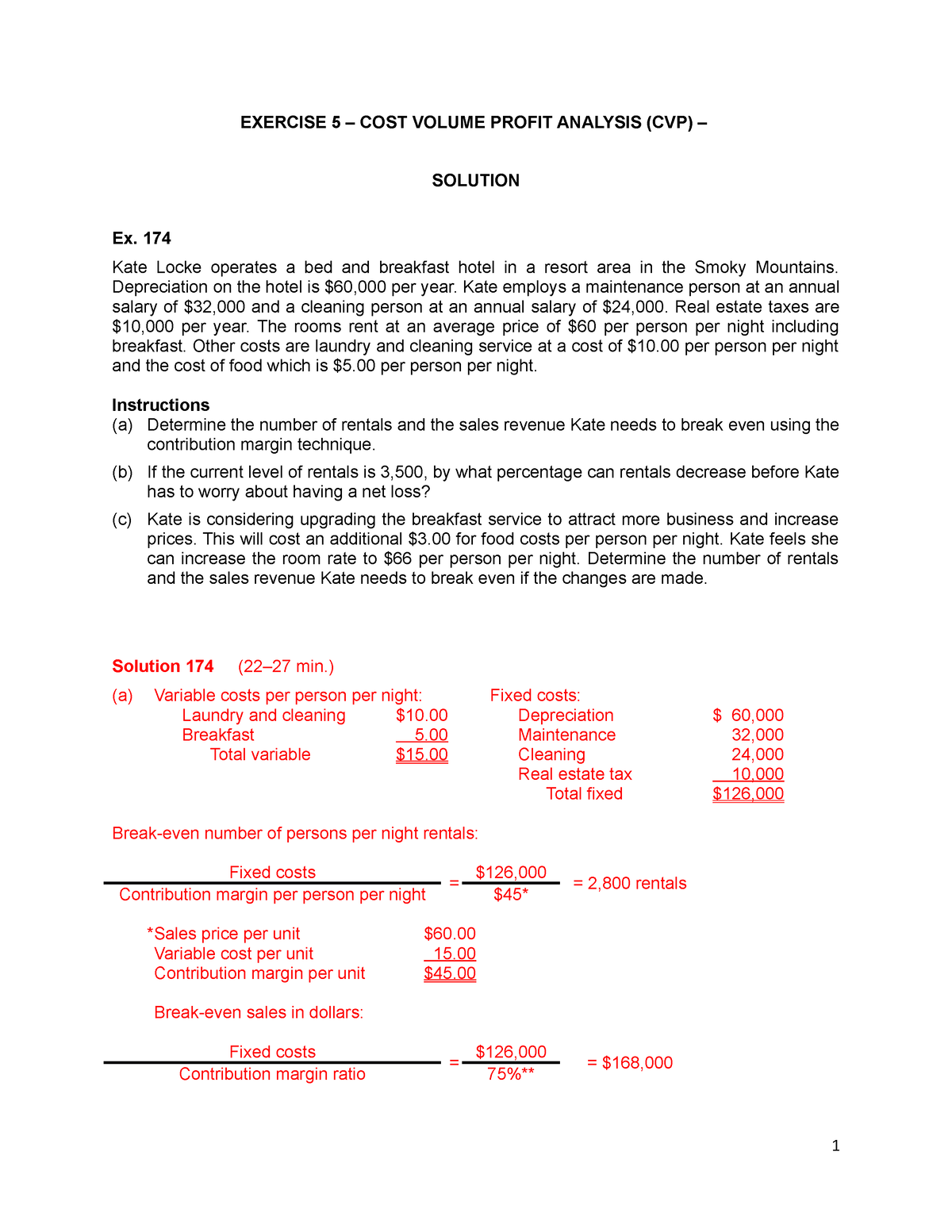 Exercise 5 CVP - Solution - EXERCISE 5 – COST VOLUME PROFIT ANALYSIS ...