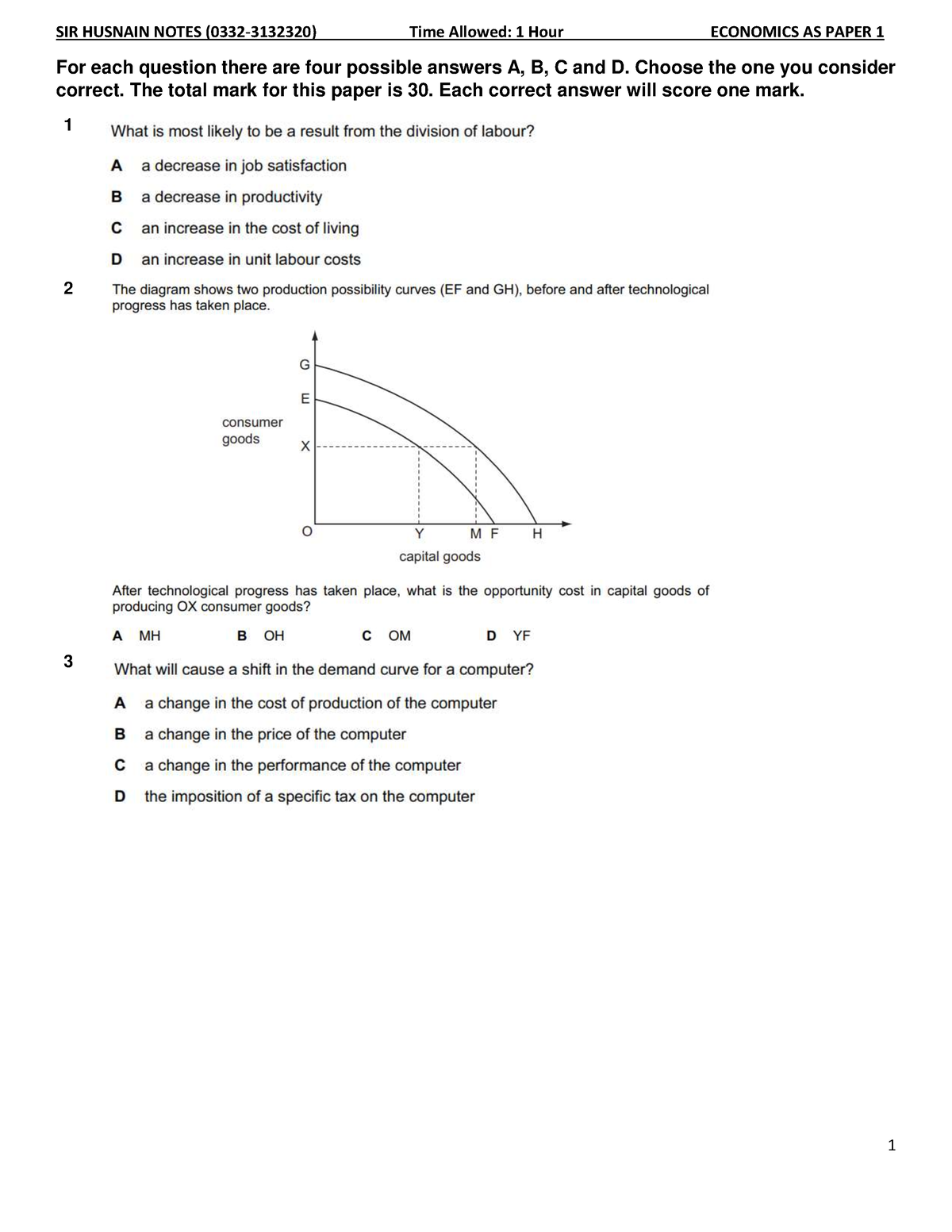 AS Economics P1 EXAM - Micro Economics - For Each Question There Are ...