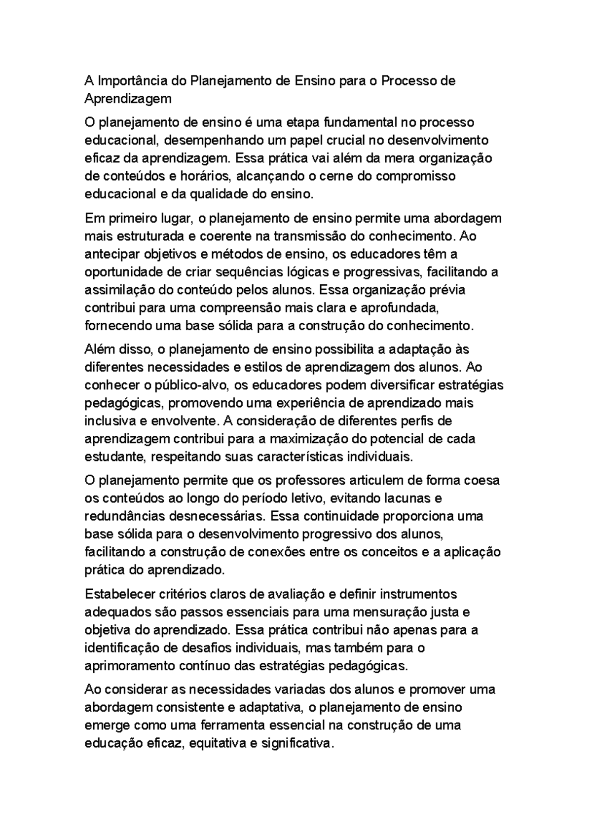 A Importância do Planejamento de Ensino para o Processo de Aprendizagem ...