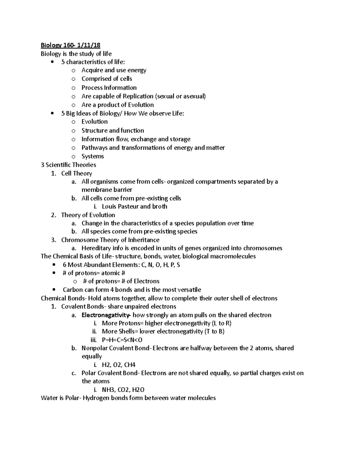 Biology 160 In-Class Notes - Biology 160- 1/11/18 Biology is the study ...