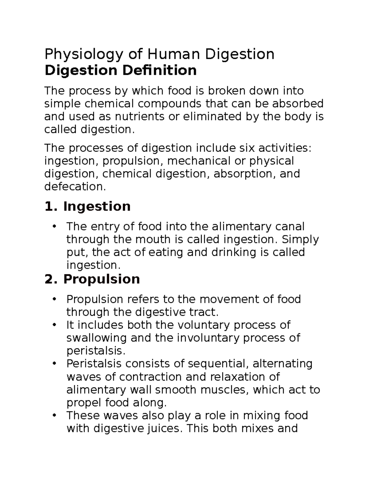 Bio 51 notes Physiology of Human Digestion Digestion Definition The