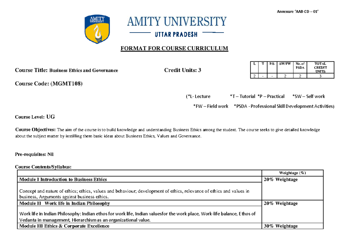 Business Ethics Syllabus - Annexure ‘AAB-CD – 01 ’ FORMAT FOR COURSE ...