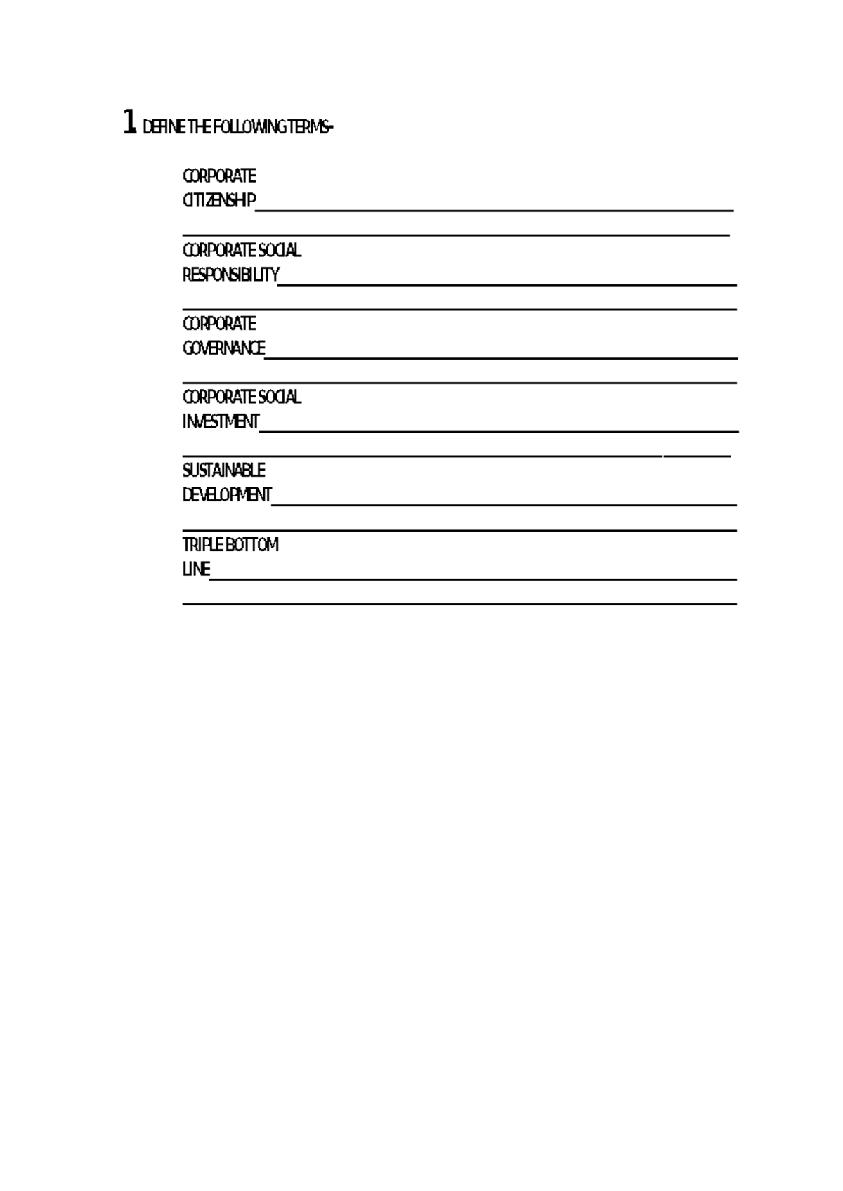 Definition Worksheet - 1. DEFINE THE FOLLOWINGTERMS- CORPORATE - Studocu