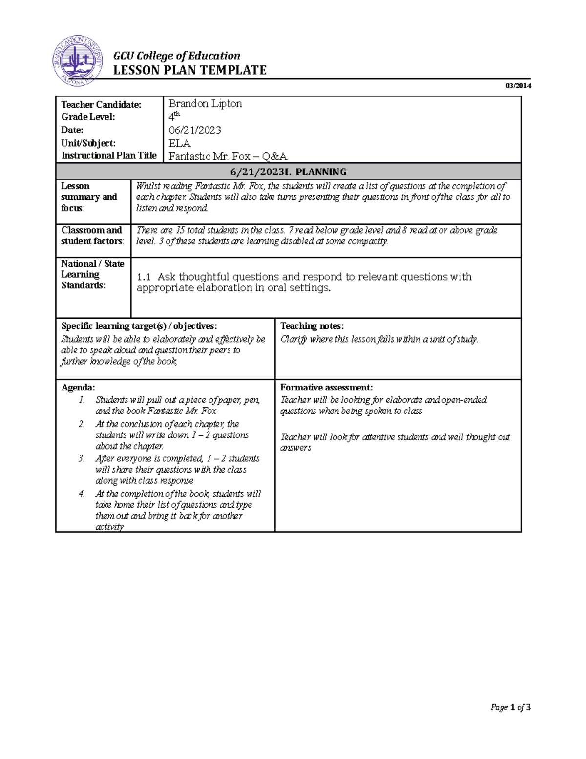 ELM 480 Topic 5 Lesson plan - GCU College of Education LESSON PLAN ...