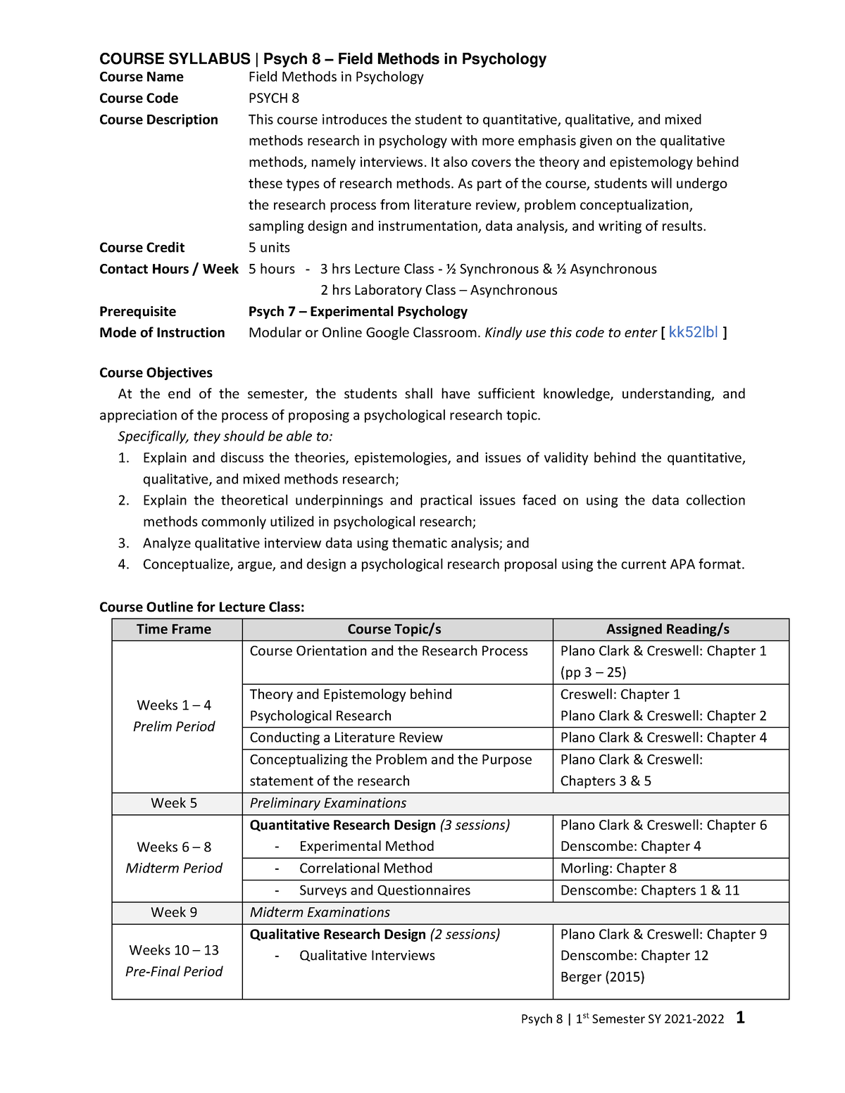 Course Syllabus - Field Methods in Psychology - Course Name Field ...