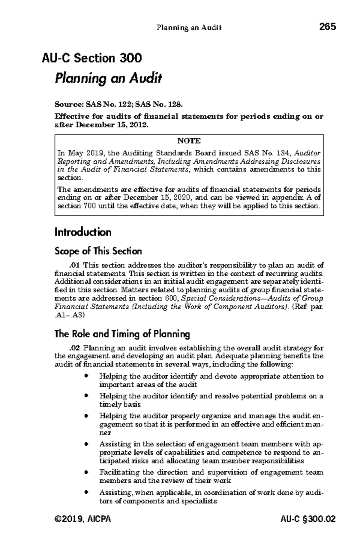 Sample Planning an Audit Template - Planning an Audit 265 AU-C Section ...