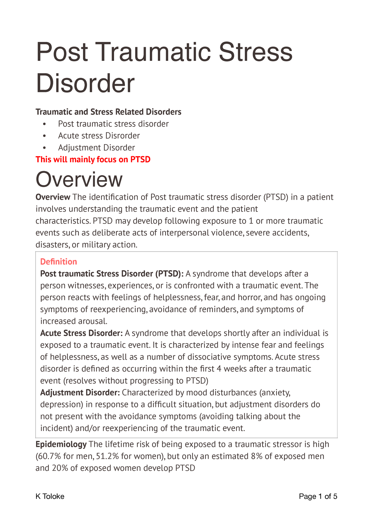 Psychiatry - Post Traumatic Stress Disorder - Post Traumatic Stress ...