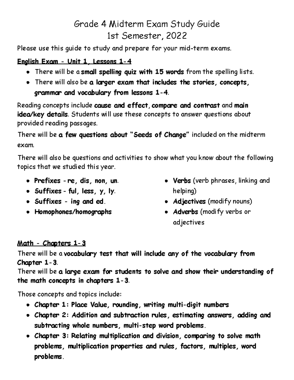 Grade 4 Midterm Exam Study Guide - Grade 4 Midterm Exam Study Guide 1st ...