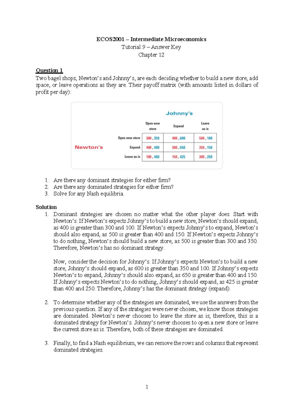 Tutorial 9 - Answer Key - ECOS2001 – Intermediate Microeconomics ...