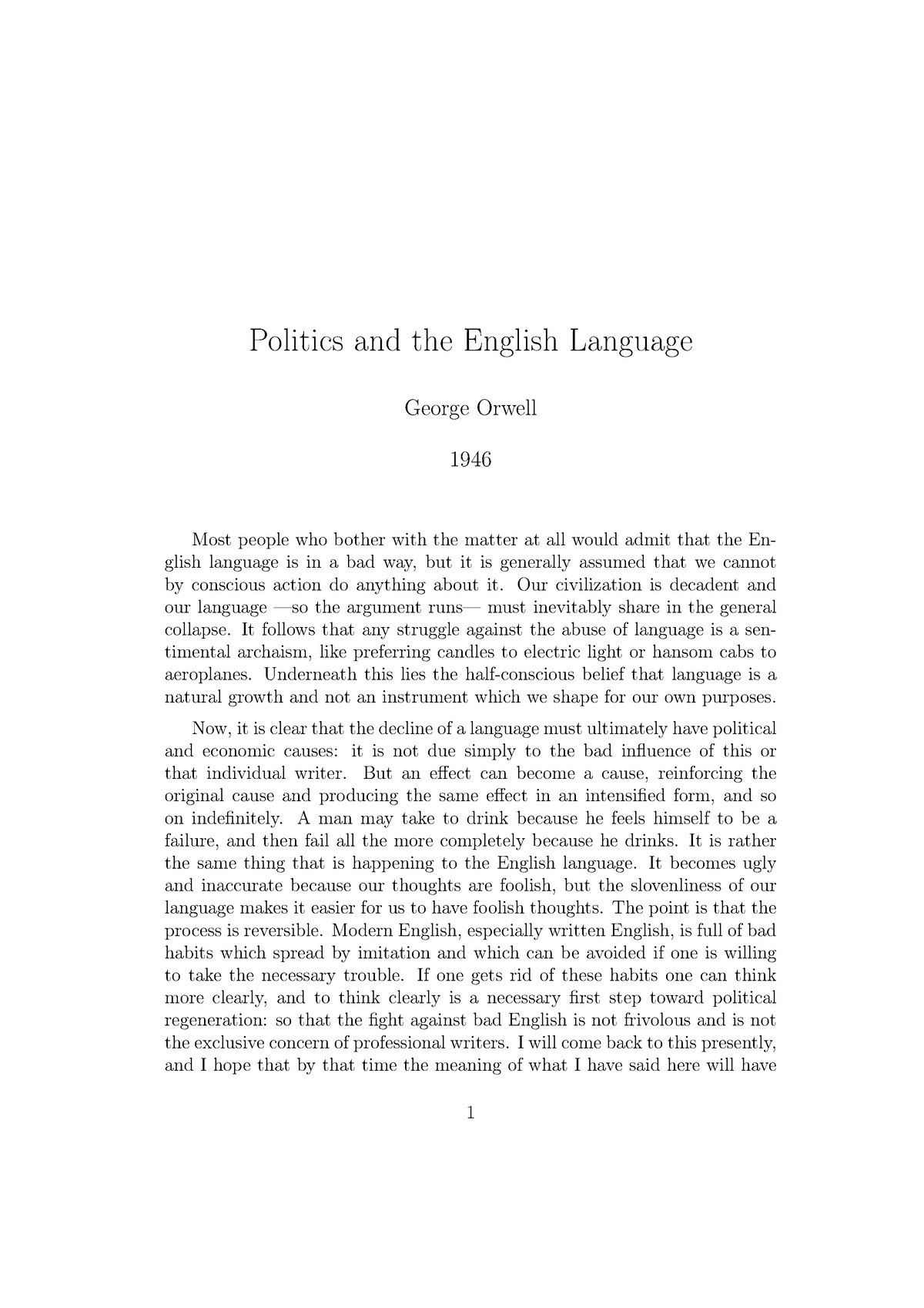 george orwell essay politics and the english language summary