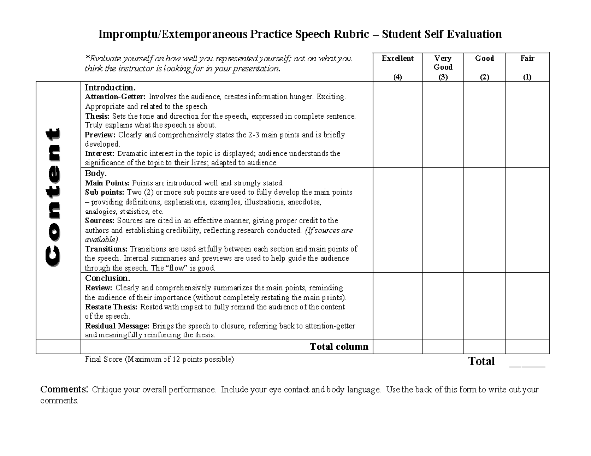 Impromptu Speech Scoring Rubric - Self Evaluation - Impromptu ...