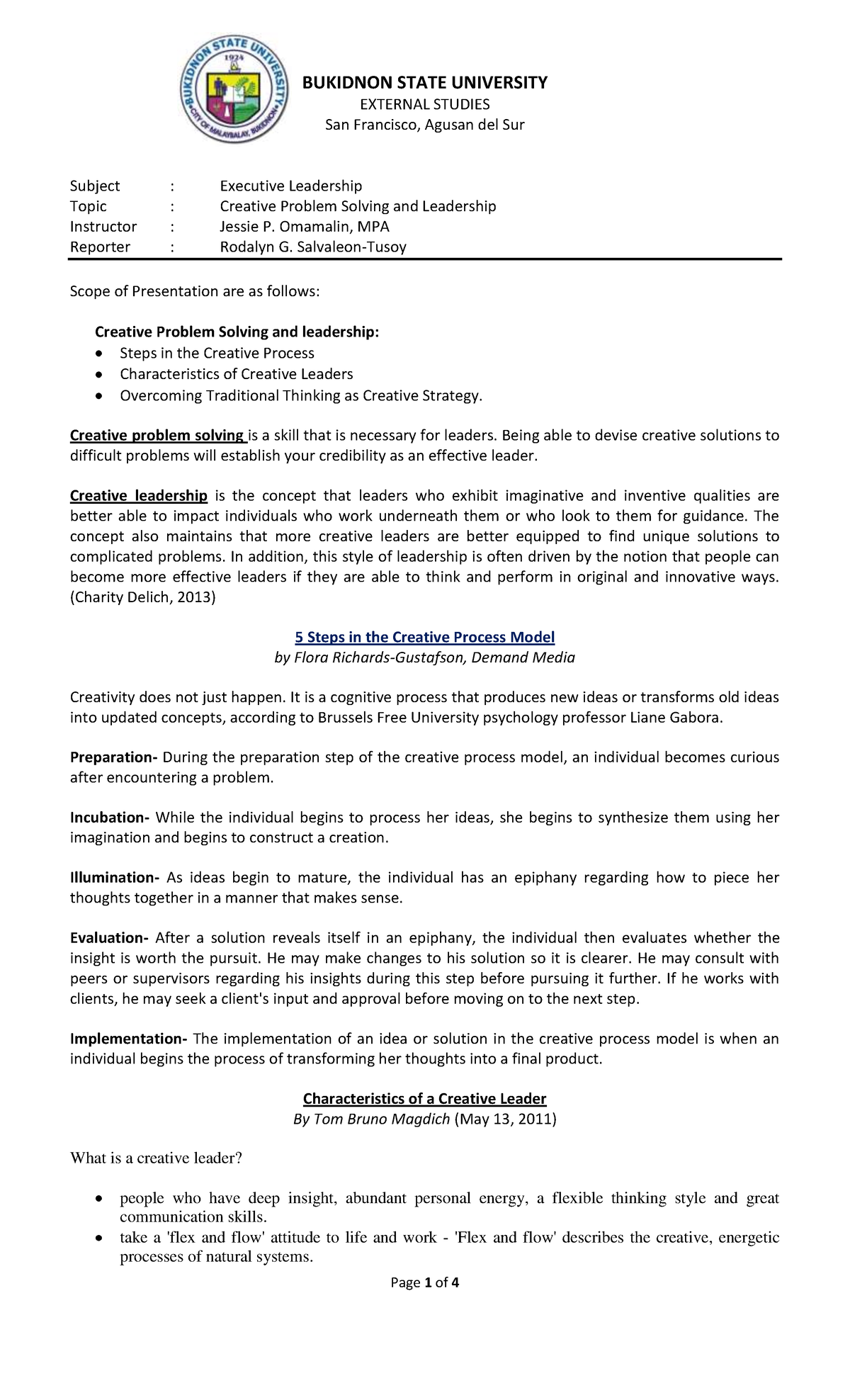 Creative problem solving framework bukidnon state university external