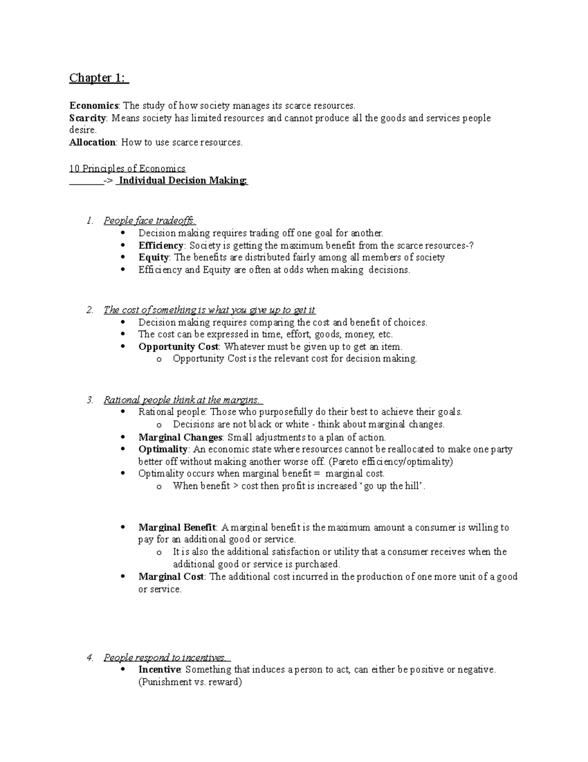 ECON 1001: Chapter 1 Notes (Week 1) - Chapter 1: Economics : The Study ...