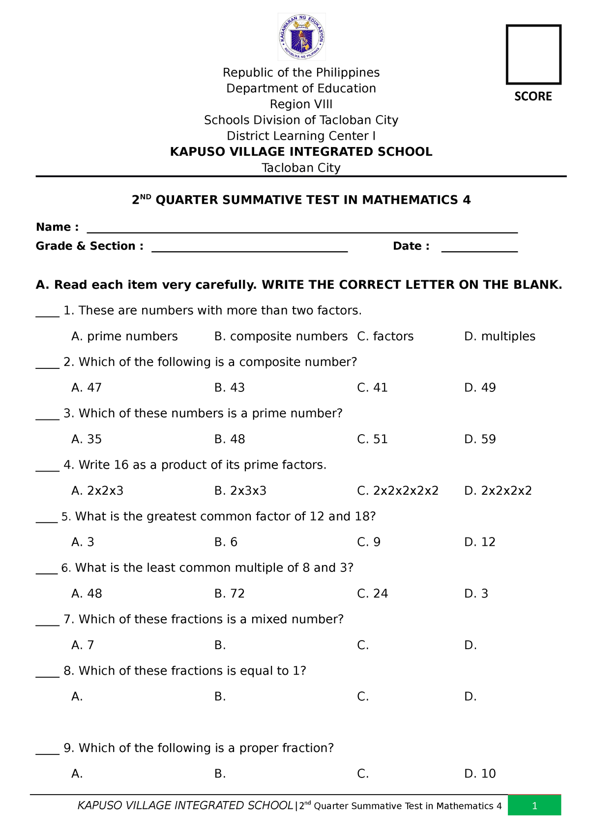 2q Summative Test Math Republic Of The Philippines Department Of Education Region Viii Schools 8277