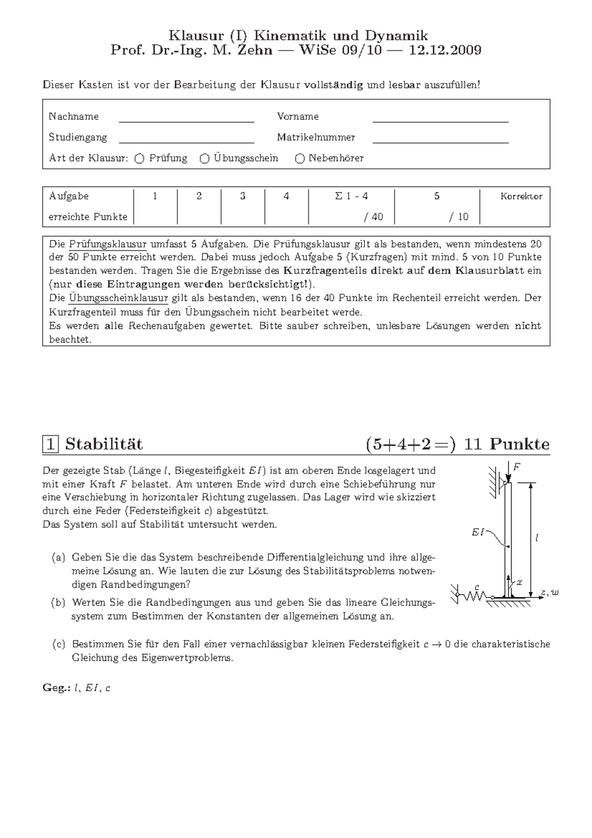 Altklausuren 2010-2016 Prof Zehn - Klausur (I) Kinematik Und Dynamik ...