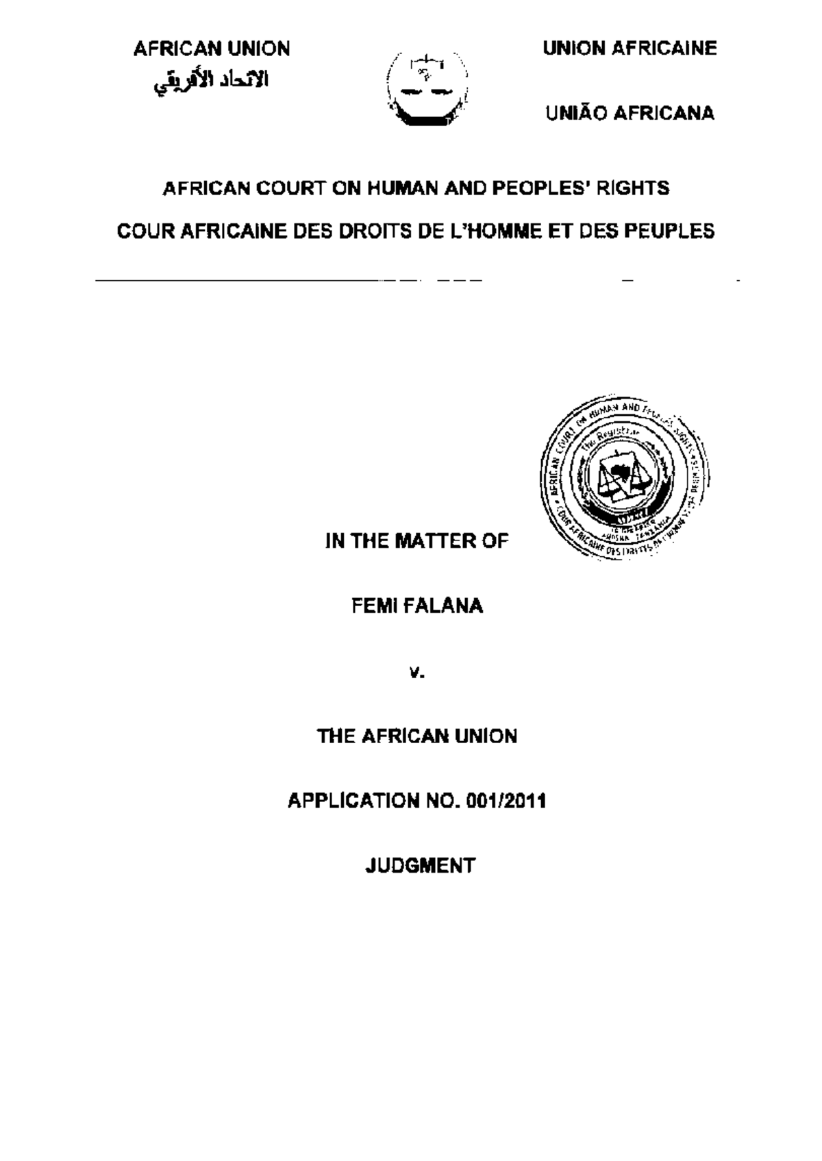 Falana v African Union HUMAN RIGHTS STATUTES AFRICAN UNION .}JJ