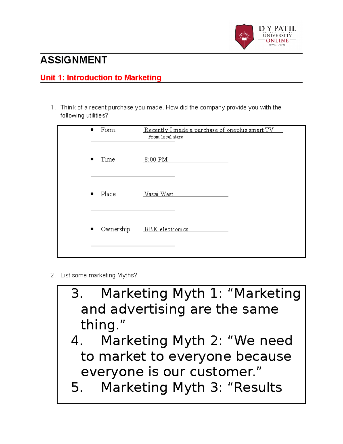 POM-Module 1 - gassingment - ASSIGNMENT Unit 1: Introduction to ...