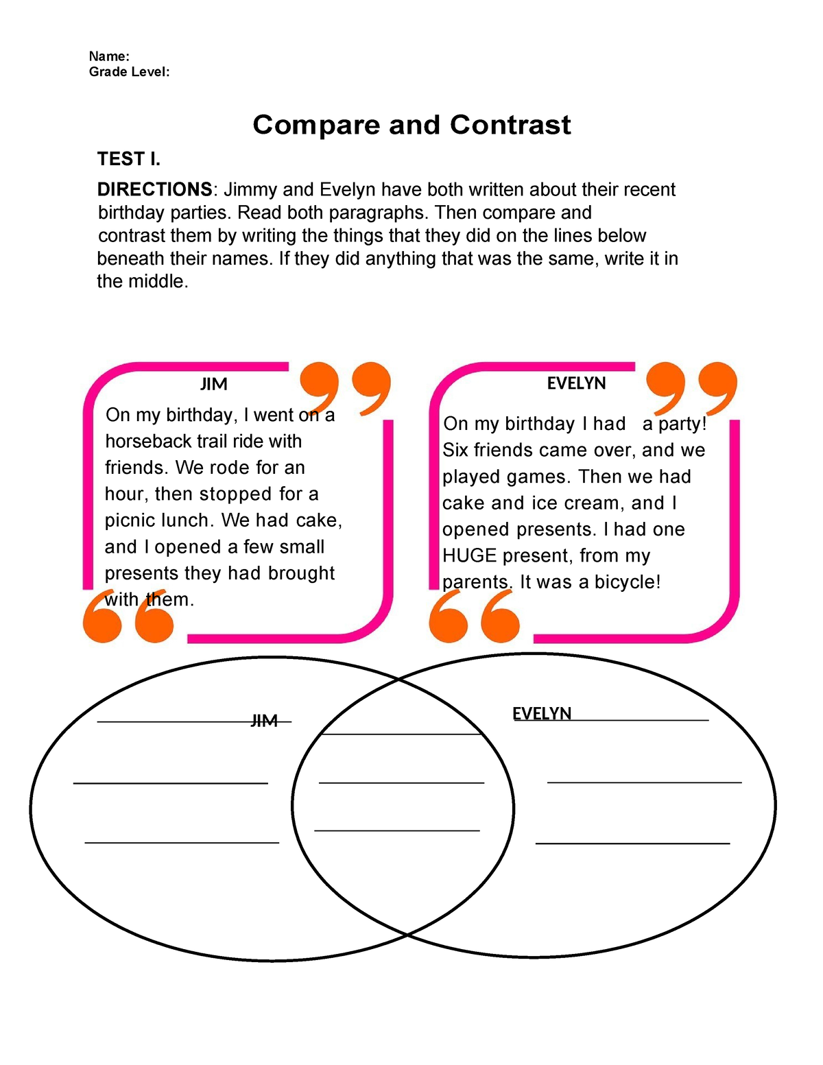 Grade 9 Compare AND Contrast - Name: Grade Level: Compare and Contrast ...