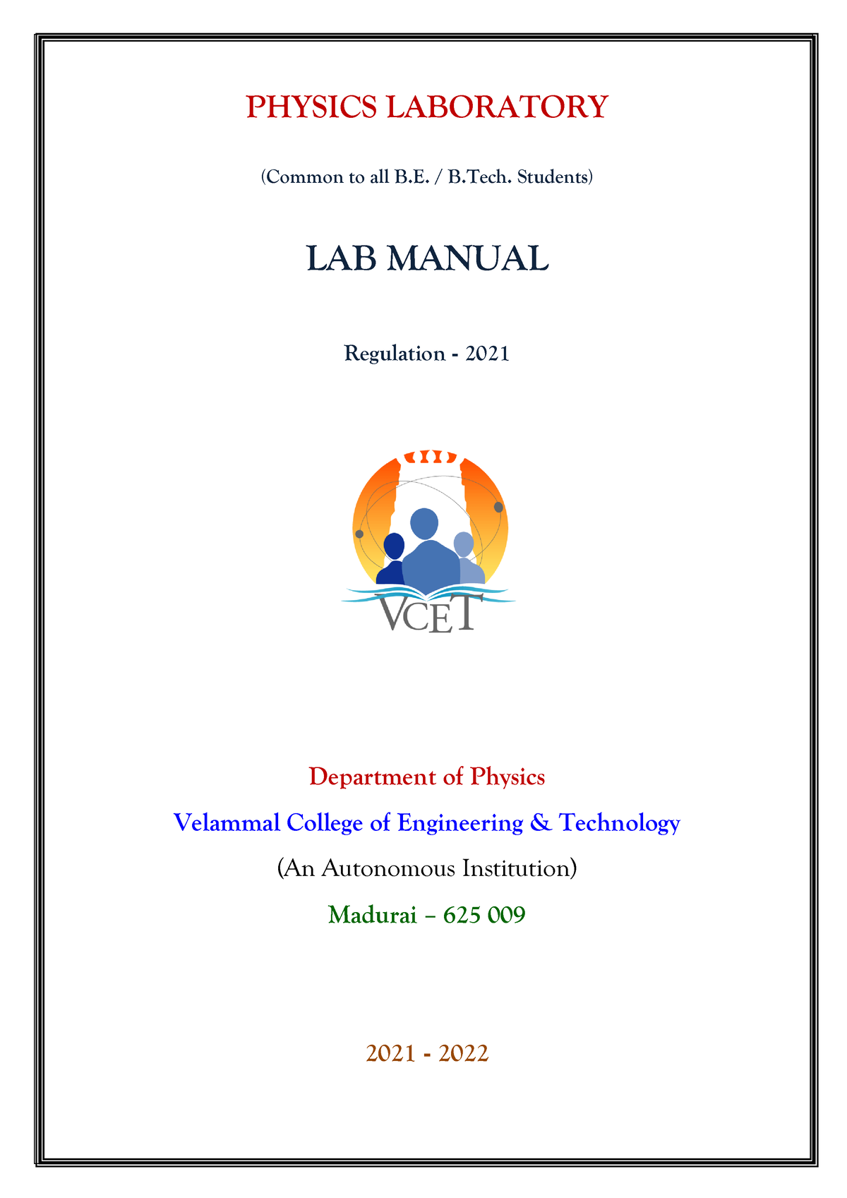 Physics Lab Manual 2021 2022 - PHYSICS LABORATORY (Common To All B. / B ...