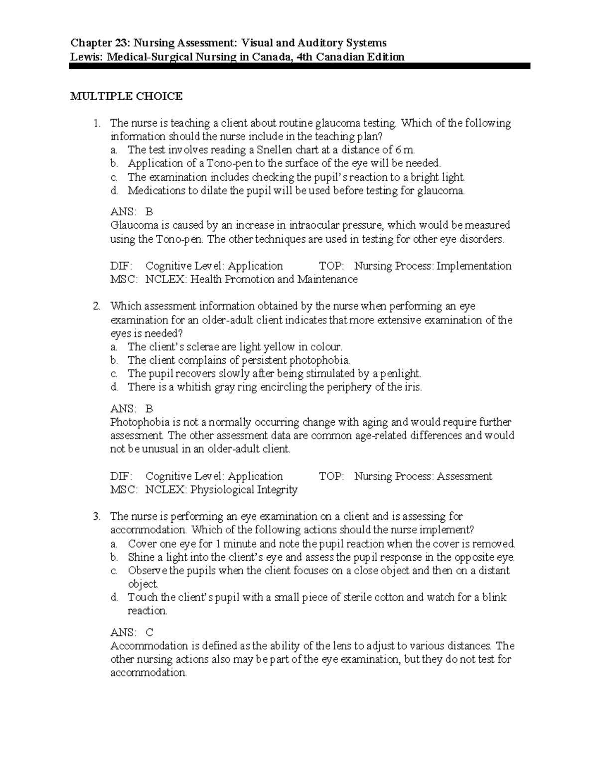 Medsurg chapter 23 Chapter 23 Nursing Assessment Visual and Auditory Systems Lewis Studocu