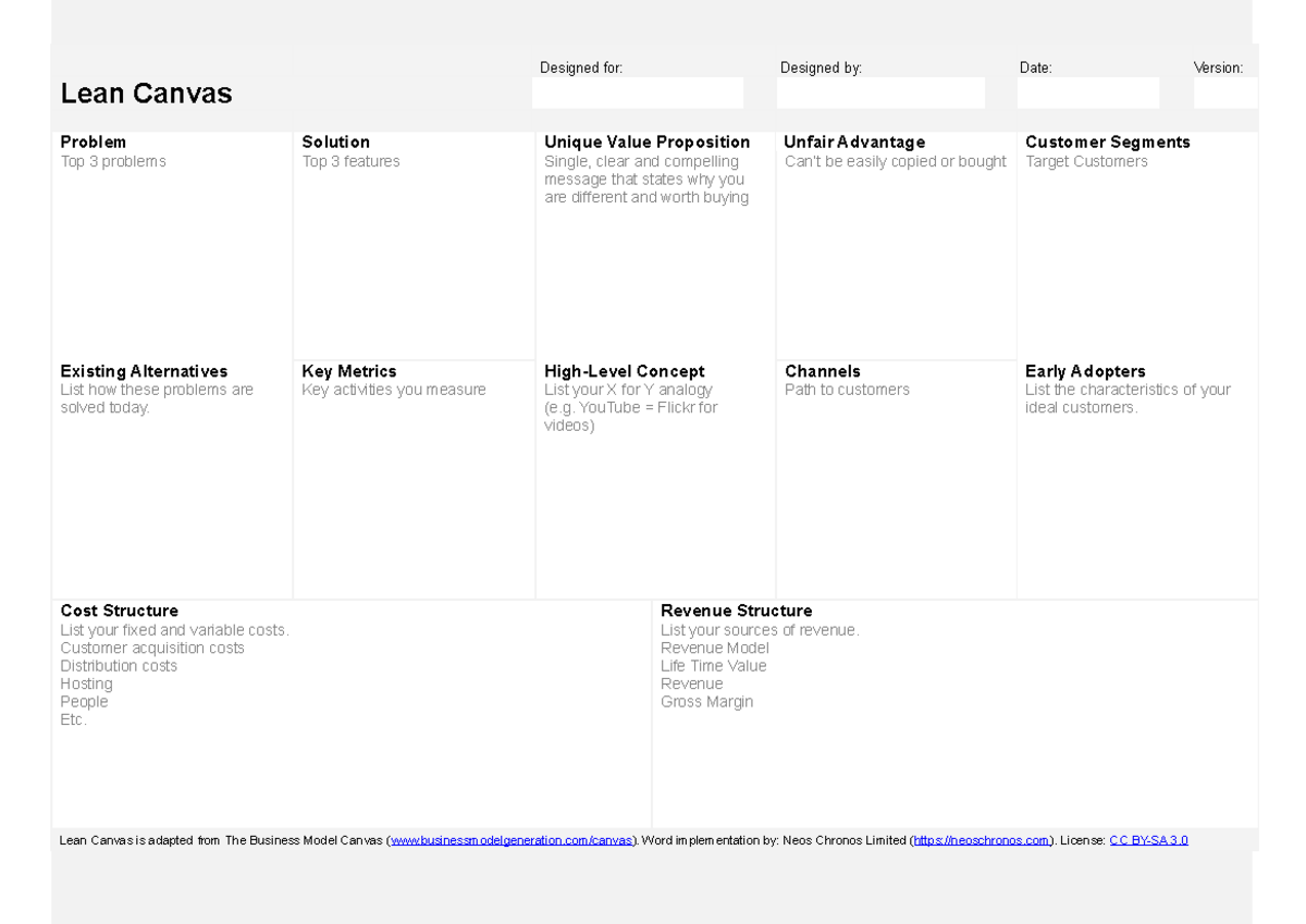Lean canvas template - Designed for: Designed by: Date: Version: Lean ...