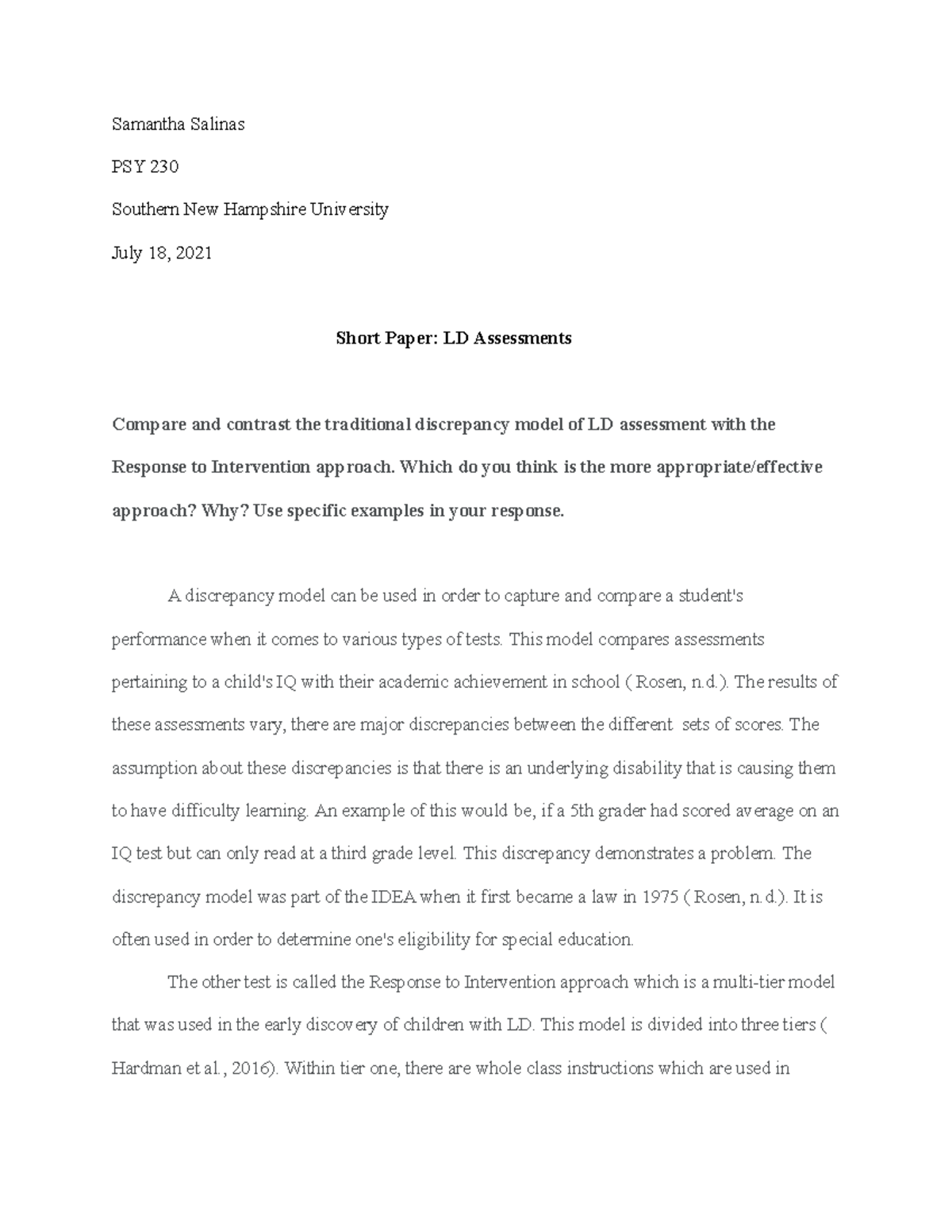 PSY 230 short paper LD assessments - Samantha Salinas PSY 230 Southern ...
