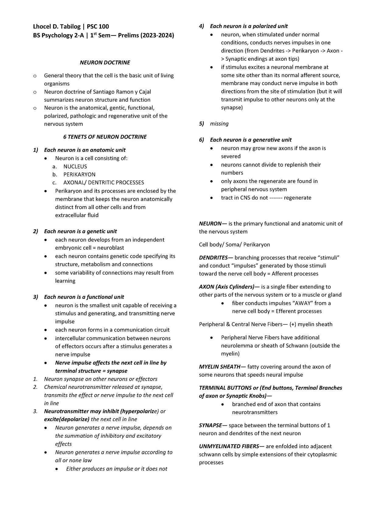 Neuron Doctrine (Autosaved) - Lhocel D. Tabilog | PSC 100 BS Psychology ...