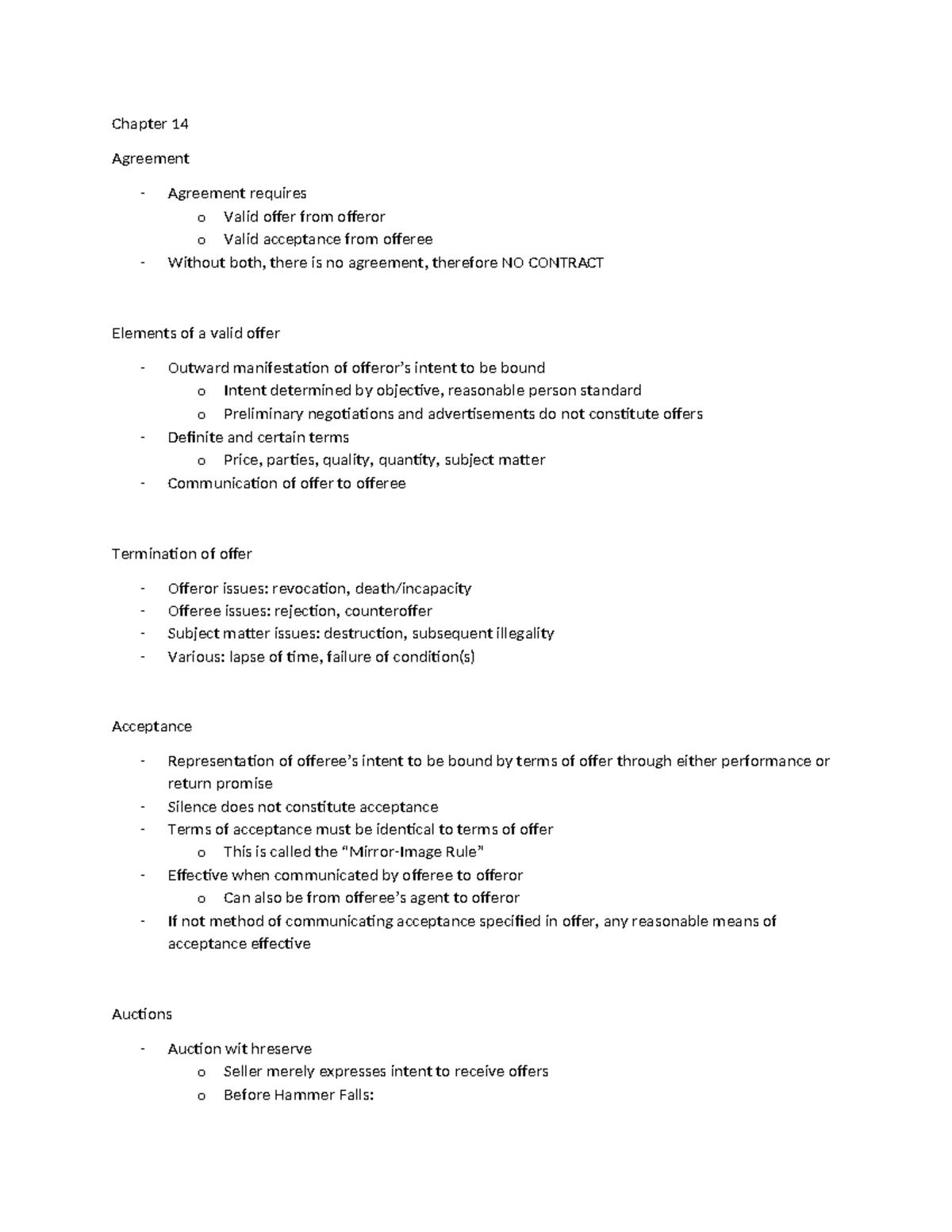 ACCT NOtes - Chapter 14 Agreement - Agreement requires o Valid offer ...