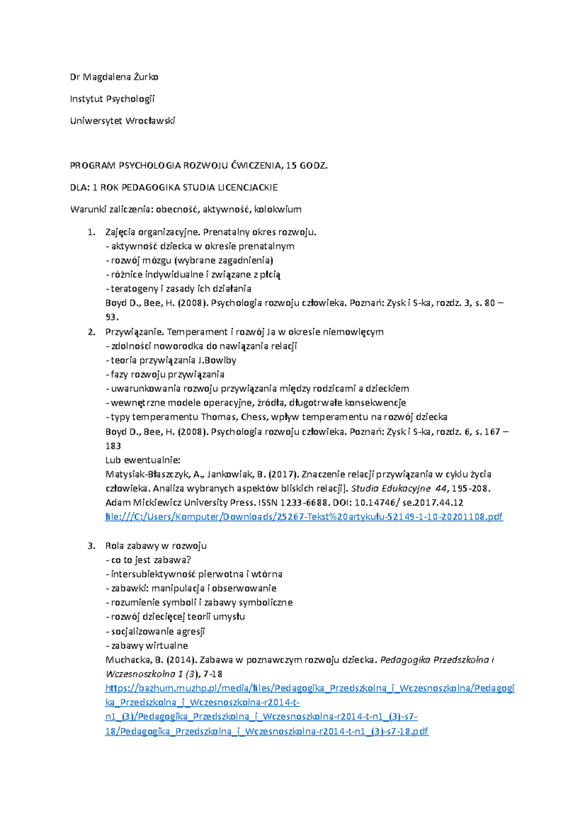 Program pedagog lic uwr 2022 - Dr Magdalena Żurko Instytut Psychologii