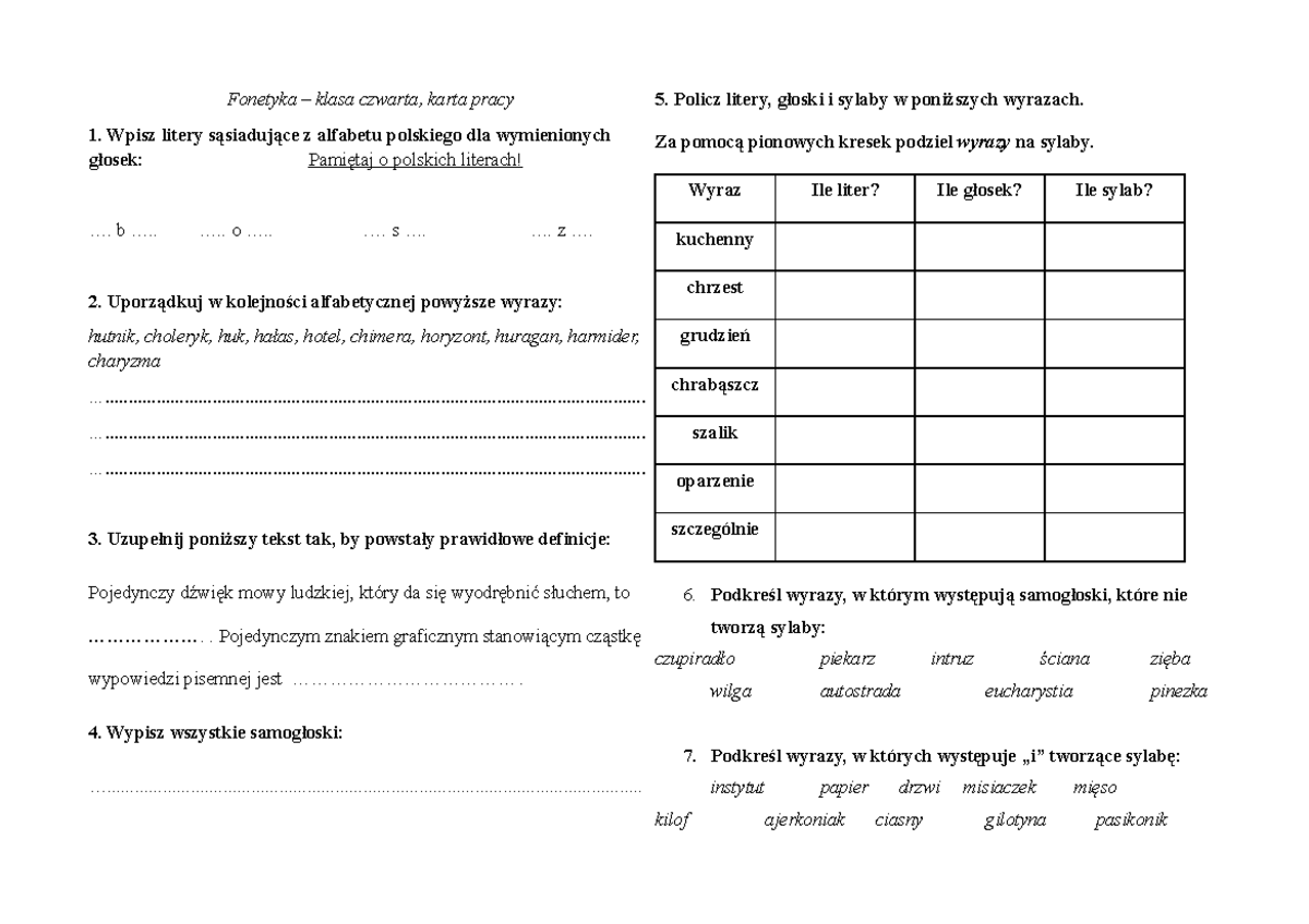 Słowa Na Czasie 3 Rozdział 4 Sprawdzian - Fonetyka sprawdzian klasa 4 - Fonetyka – klasa czwarta, karta pracy