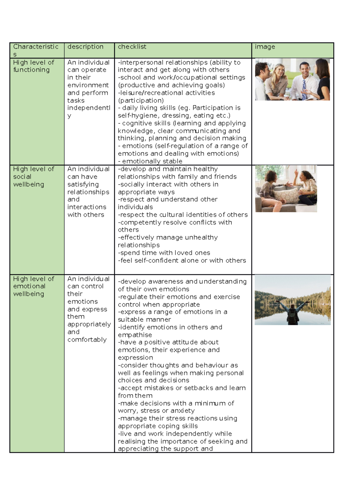 Mental health summary table - Characteristic s description checklist ...
