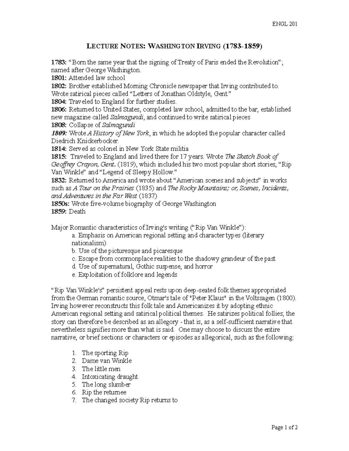 Lecture Notes Washington Irving - ENGL 201 LECTURE NOTES: WASHINGTON ...