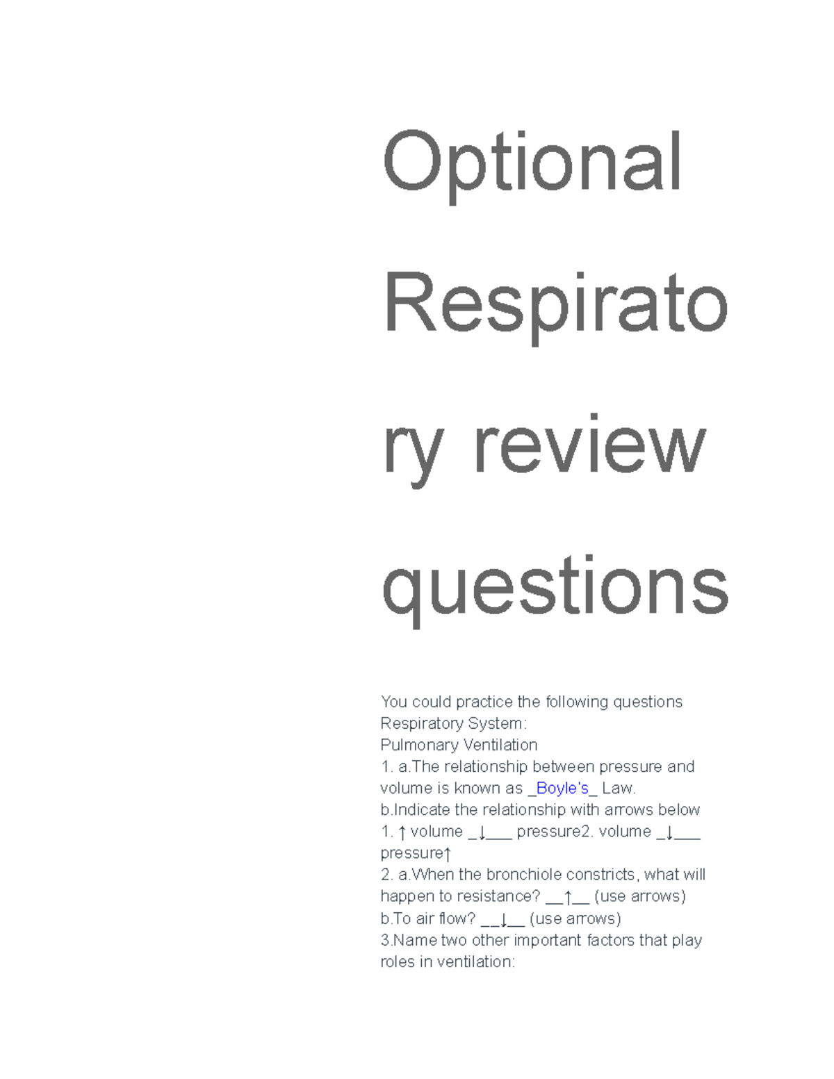 Optional Respiratory review questions - Optional Respirato ry review ...