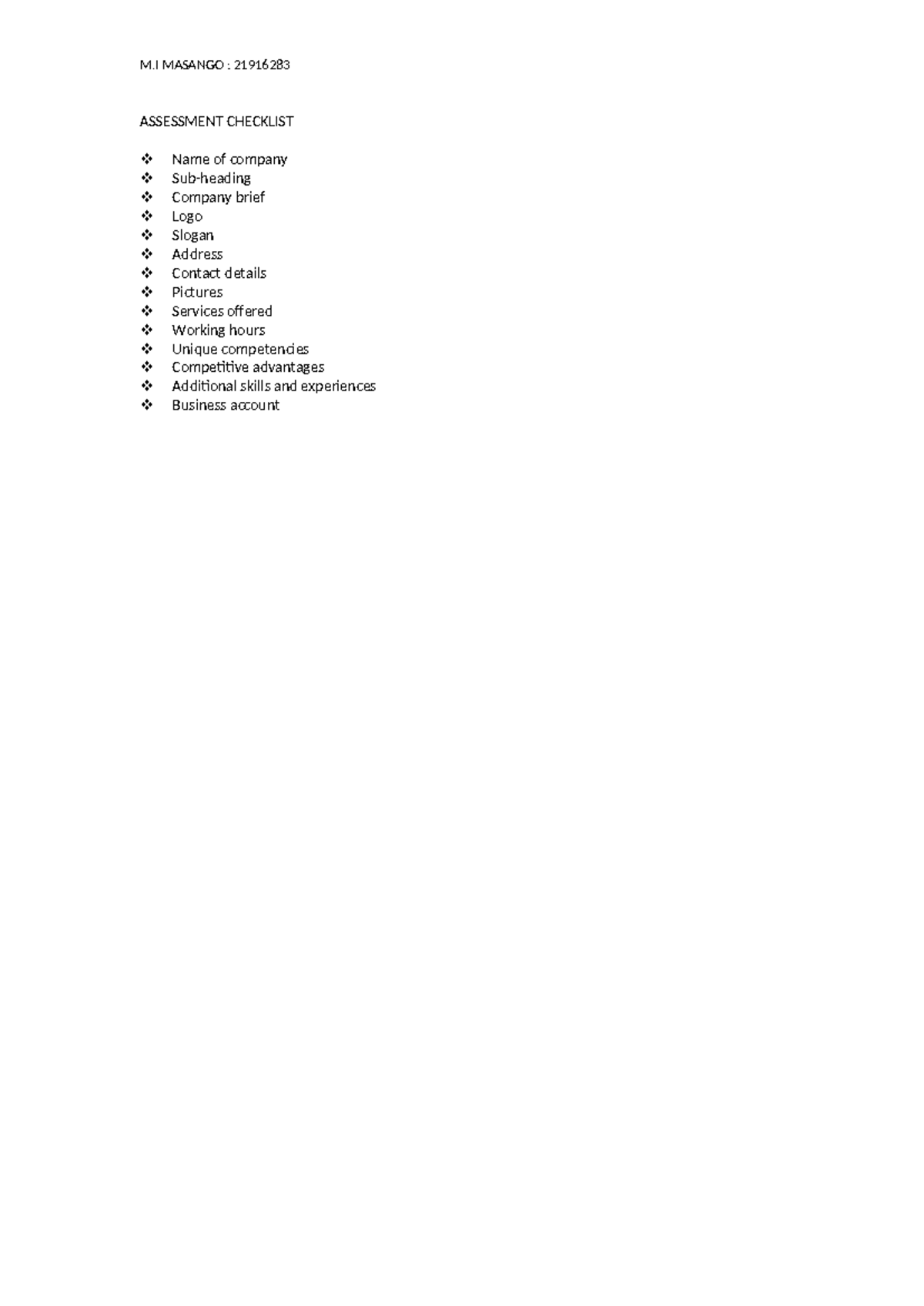 Assessment 2 - CBMG202 - M MASANGO : 21916283 ASSESSMENT CHECKLIST Name ...