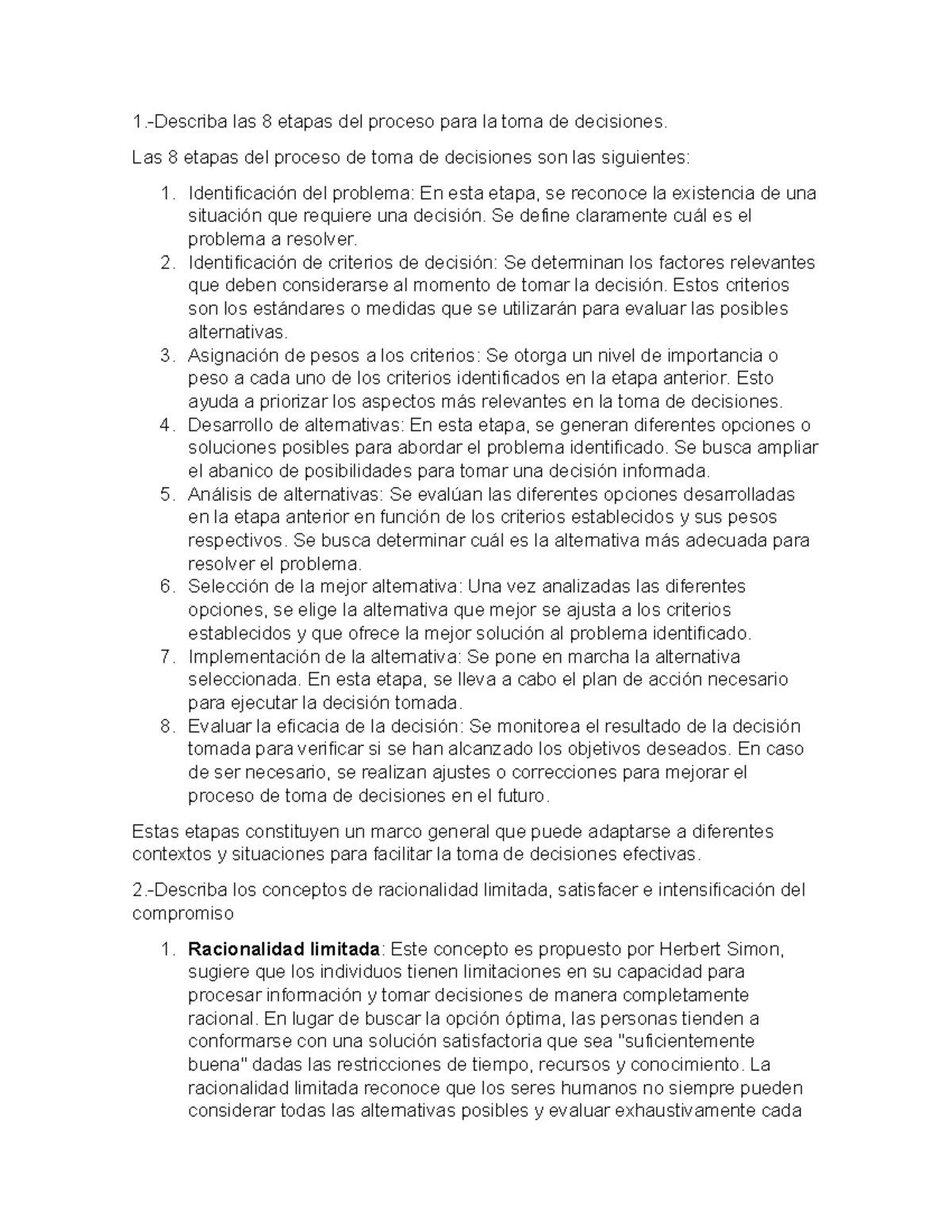Describa las 8 etapas del proceso para la toma de decisiones - 1 ...
