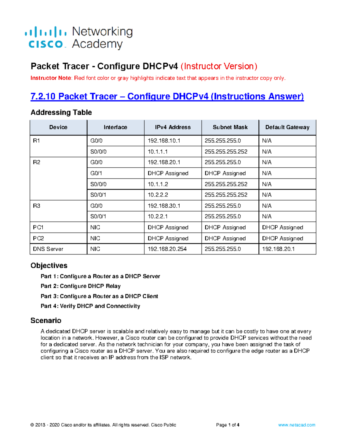 7.2.10 Packet Tracer - Configure DHCPv 4 - ITExam Answers - Packet ...