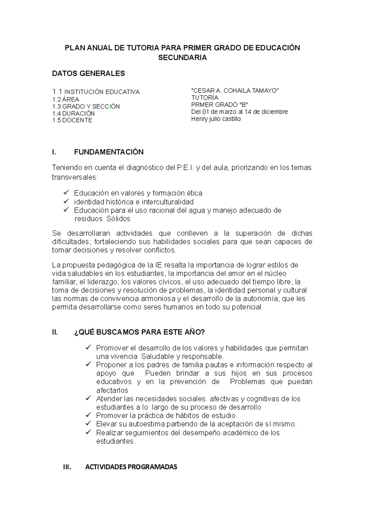 PLAN Anual DE Tutoria PARA Primer Grado PLAN ANUAL DE TUTORIA PARA