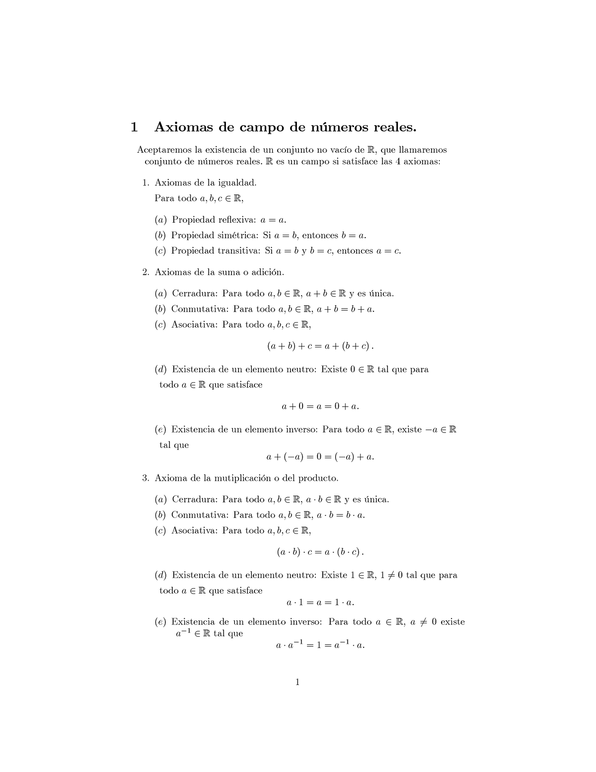 Axioma De Campo De Numeros Reales - 1 Axiomas De Campo De N ̇meros ...