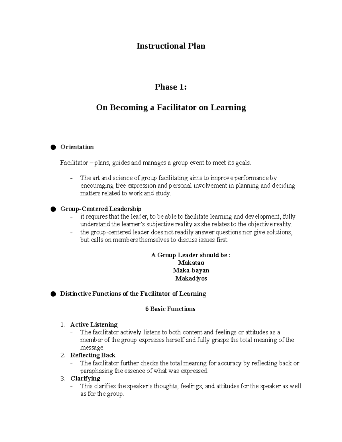 Phase 1- Becomming Facilitator OF Learning - Instructional Plan Phase 1 ...