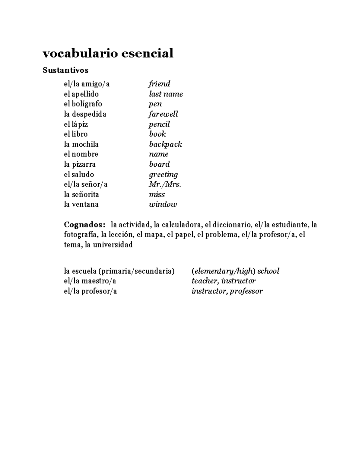 SPAN 1 Vocab 1 - This Was Taken Winter 2021 - Vocabulario Esencial ...