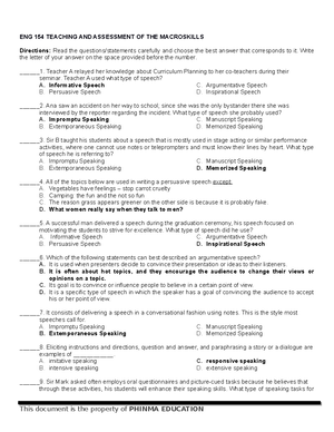 ENG 018 - Test Questionnaire - ENG 018 It is a type of speech acts that ...