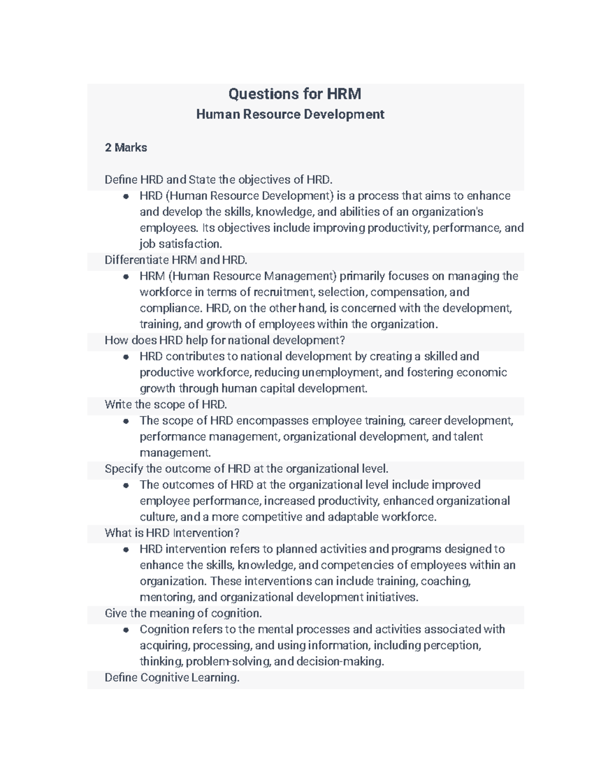 Human Resource Development Questions For HRM Human Resource