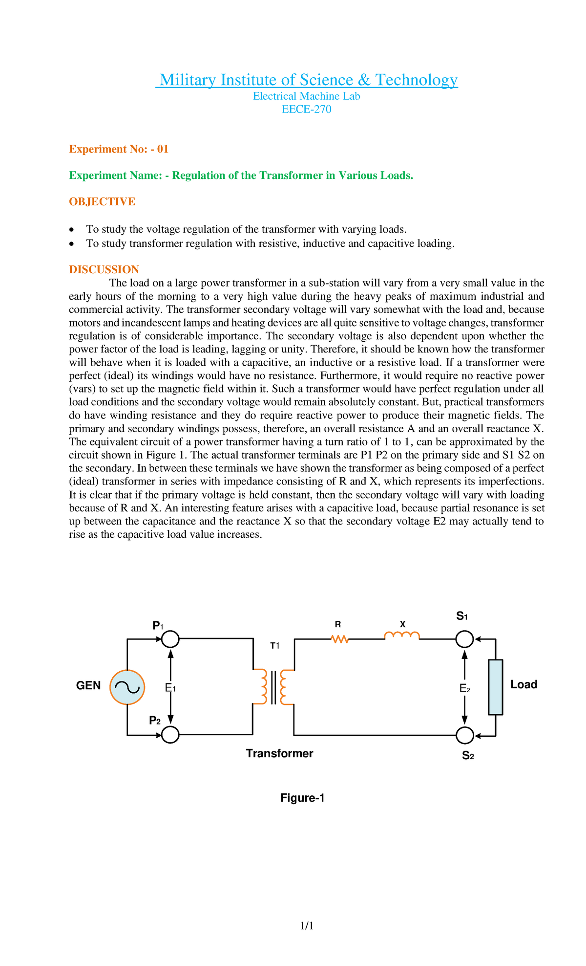 1 Transformer - EECE Lab Sheet - 1/ Military Institute Of Science ...