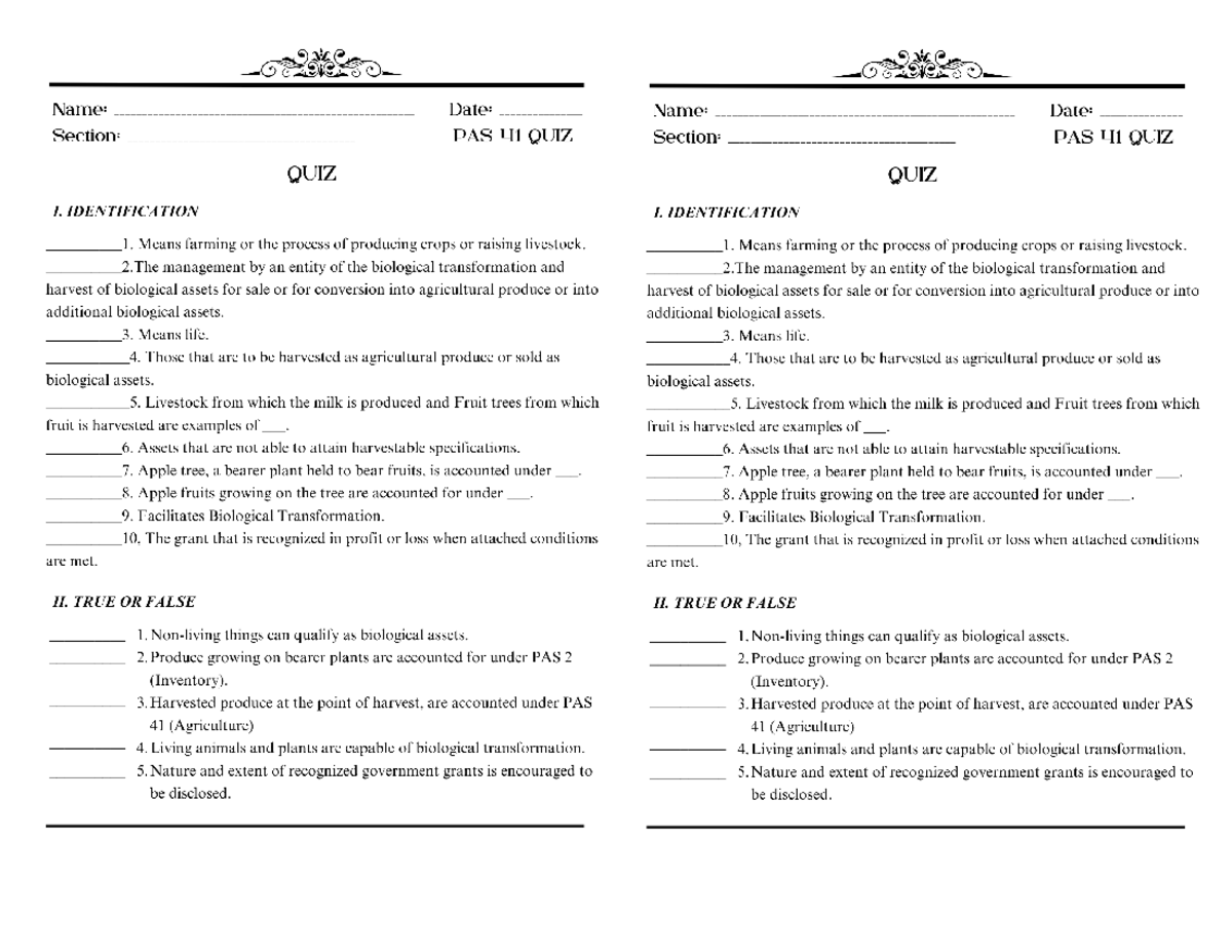 QUIZ- CONCEPTUAL FRAMEWORKS AND ACCOUNTING STANDARDS - Name: Date: Name ...