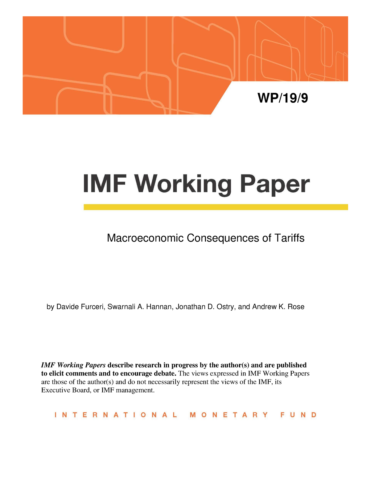 Wp1909 - jhhhhhhhhhhhh - WP/19/ 9 Macroeconomic Consequences of Tariffs ...