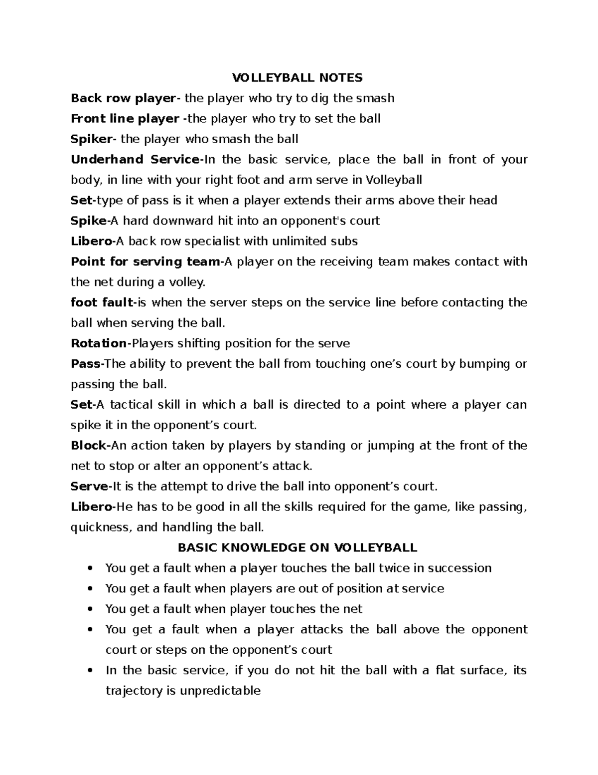 Volleyball Notes AND Summarydocx VOLLEYBALL NOTES Back row player