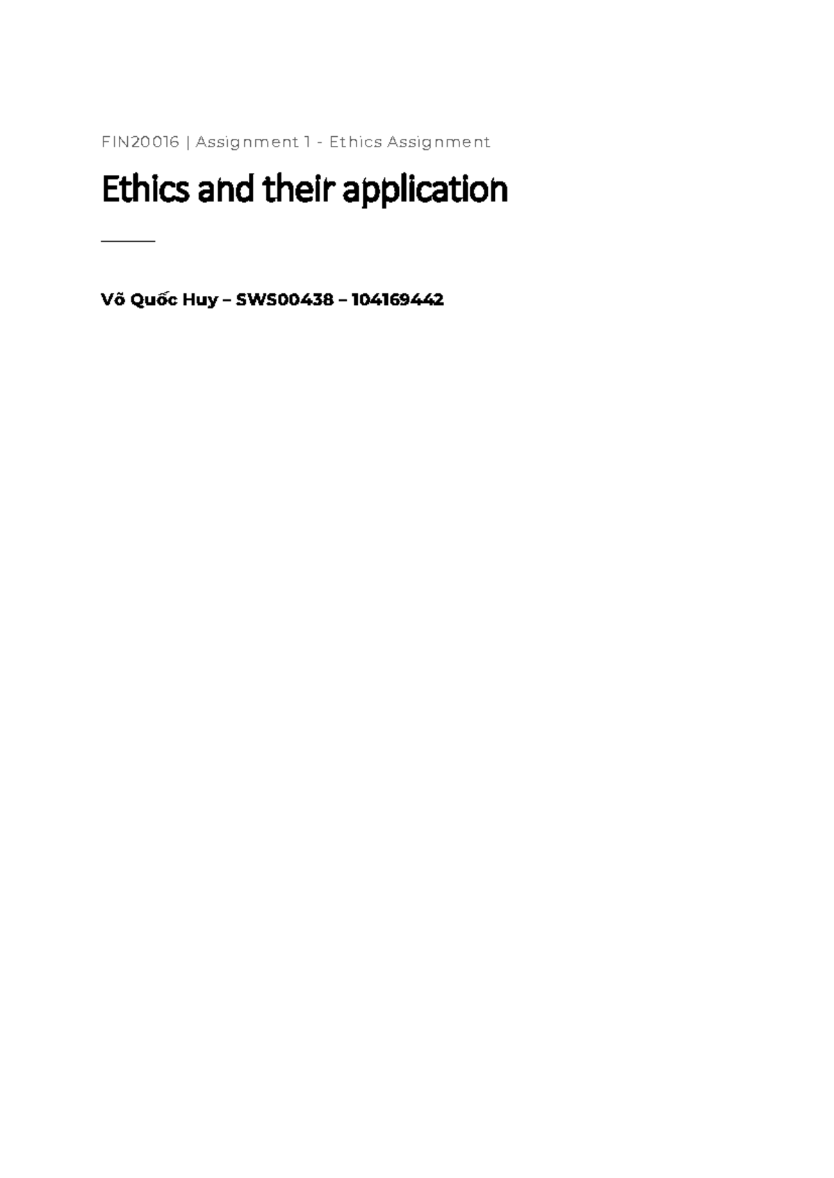 Assignment 1 Fin20016 Fin20016 Assignment 1 Ethics Assignment Ethics And Their 9561