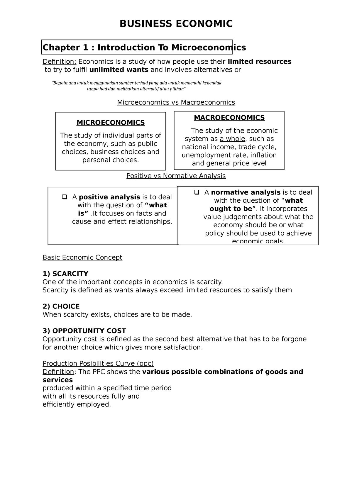 ECONOMIC NOTES chapter 1 Chapter 1 Introduction To Microeconomics 